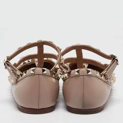Pre Owned Valentino Beige Leather Rockstud Ballet Flats Size 37.5