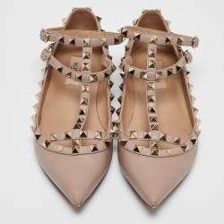 Pre Owned Valentino Beige Leather Rockstud Ballet Flats Size 37.5