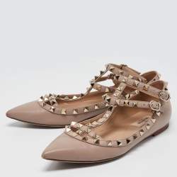 Pre Owned Valentino Beige Leather Rockstud Ballet Flats Size 37.5