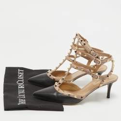 Pre Owned Valentino Black Leather Rockstud Ankle Strap Pumps Size 38