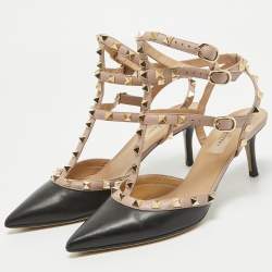 Pre Owned Valentino Black Leather Rockstud Ankle Strap Pumps Size 38
