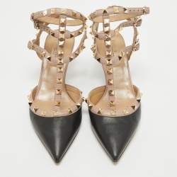 Pre Owned Valentino Black Leather Rockstud Ankle Strap Pumps Size 38