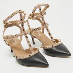 Pre Owned Valentino Black Leather Rockstud Ankle Strap Pumps Size 38