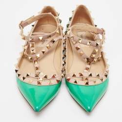 Valentino Green/Beige Patent and Leather Rockstud Ballet Flats Size 38