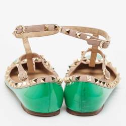 Valentino Green/Beige Patent and Leather Rockstud Ballet Flats Size 38