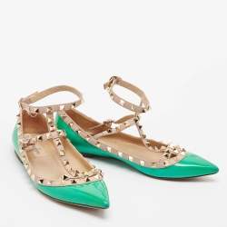 Valentino Green/Beige Patent and Leather Rockstud Ballet Flats Size 38
