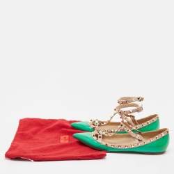 Valentino Green/Beige Patent and Leather Rockstud Ballet Flats Size 38
