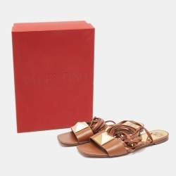 Pre Owned Valentino Brown Leather One Stud Wrap Around Flat Sandals Size 41.5
