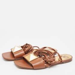 Pre Owned Valentino Brown Leather One Stud Wrap Around Flat Sandals Size 41.5