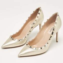 Pre Owned Valentino Gold Leather Rockstud Pumps Size 38