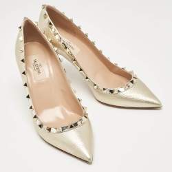 Pre Owned Valentino Gold Leather Rockstud Pumps Size 38