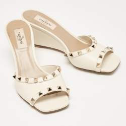 Pre Owned Valentino Cream Leather Rockstud Wedge Sandals Size 37