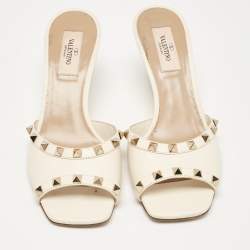 Pre Owned Valentino Cream Leather Rockstud Wedge Sandals Size 37