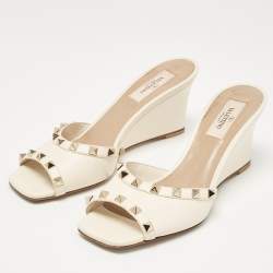 Pre Owned Valentino Cream Leather Rockstud Wedge Sandals Size 37