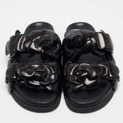 Valentino Black Leather 03 Rose Edition Atelier Flat Slides Size 36