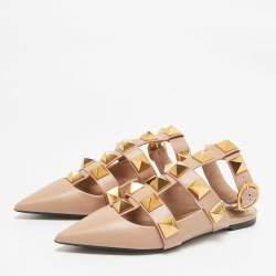 Pre Owned Valentino Beige Leather Roman Stud Flat Slides Size 35.5