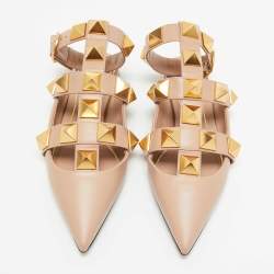 Pre Owned Valentino Beige Leather Roman Stud Flat Slides Size 35.5