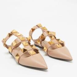 Pre Owned Valentino Beige Leather Roman Stud Flat Slides Size 35.5
