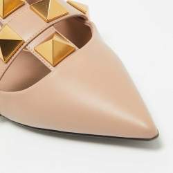 Pre Owned Valentino Beige Leather Roman Stud Flat Slides Size 35.5