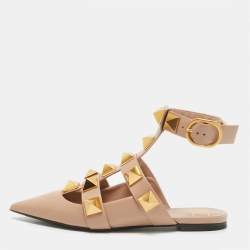 Pre Owned Valentino Beige Leather Roman Stud Flat Slides Size 35.5