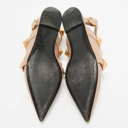 Pre Owned Valentino Beige Leather Roman Stud Flat Slides Size 35.5