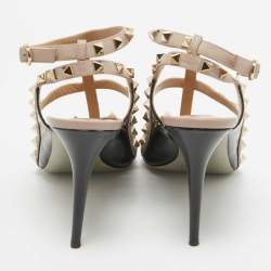 Pre Owned Valentino Beige/Black Patent and Leather Rockstud Ankle Strap Sandals Size 40.5