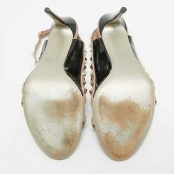 Pre Owned Valentino Beige/Black Patent and Leather Rockstud Ankle Strap Sandals Size 40.5