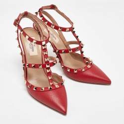 Pre Owned Valentino Red Leather Rockstud Ankle Strap Sandals Size 38