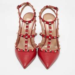 Pre Owned Valentino Red Leather Rockstud Ankle Strap Sandals Size 38