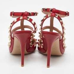 Pre Owned Valentino Red Leather Rockstud Ankle Strap Sandals Size 38