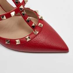 Pre Owned Valentino Red Leather Rockstud Ankle Strap Sandals Size 38
