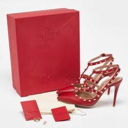 Pre Owned Valentino Red Leather Rockstud Ankle Strap Sandals Size 38