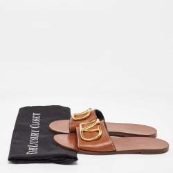 Pre Owned Valentino Brown Leather Escape V logo Flat Sandals 37.5
