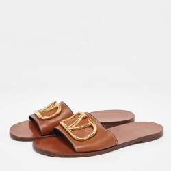 Pre Owned Valentino Brown Leather Escape V logo Flat Sandals 37.5