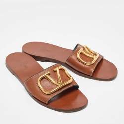 Pre Owned Valentino Brown Leather Escape V logo Flat Sandals 37.5