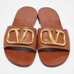 Pre Owned Valentino Brown Leather Escape V logo Flat Sandals 37.5