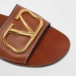 Pre Owned Valentino Brown Leather Escape V logo Flat Sandals 37.5