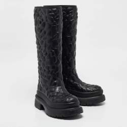 Pre Owned Valentino Black Rubber Rose Atelier Knee Length Boots Size 36