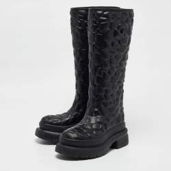 Pre Owned Valentino Black Rubber Rose Atelier Knee Length Boots Size 36