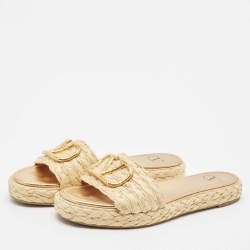 Pre Owned Valentino Beige Raffia Escape V logo Flat Sandals Size 40