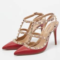Pre Owned Valentino Red/Dusty Pink Leather Rockstud Ankle Strap Pumps Size 37