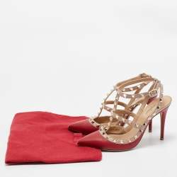 Pre Owned Valentino Red/Dusty Pink Leather Rockstud Ankle Strap Pumps Size 37