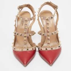 Pre Owned Valentino Red/Dusty Pink Leather Rockstud Ankle Strap Pumps Size 37