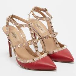 Pre Owned Valentino Red/Dusty Pink Leather Rockstud Ankle Strap Pumps Size 37