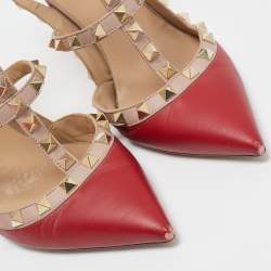 Pre Owned Valentino Red/Dusty Pink Leather Rockstud Ankle Strap Pumps Size 37