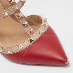 Pre Owned Valentino Red/Dusty Pink Leather Rockstud Ankle Strap Pumps Size 37