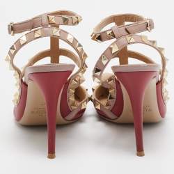 Pre Owned Valentino Red/Dusty Pink Leather Rockstud Ankle Strap Pumps Size 37