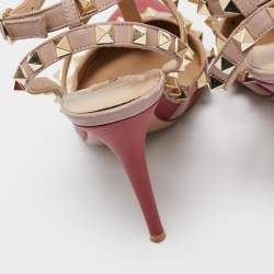 Pre Owned Valentino Red/Dusty Pink Leather Rockstud Ankle Strap Pumps Size 37