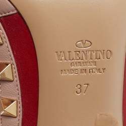 Pre Owned Valentino Red/Dusty Pink Leather Rockstud Ankle Strap Pumps Size 37