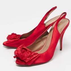 Pre Owned Valentino Red Satin Bow Peep Toe Slingback Pumps Size 40